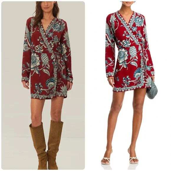 FARM Rio Dress Tropical Landing Red Wrap Long Sleeve V-Neck Mini Dress Medium